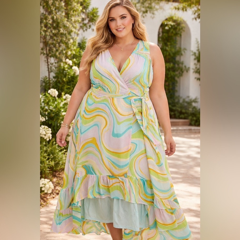 Ashley Stewart Pastel Swirl Wrap Midi Dress in Mint, Yellow, Pink